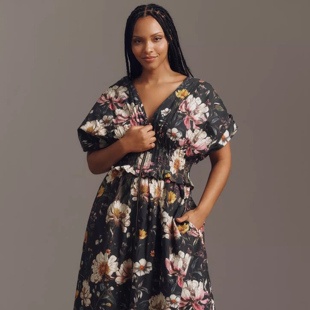 By Anthropologie V-Neck Zip-Front Midi Dress